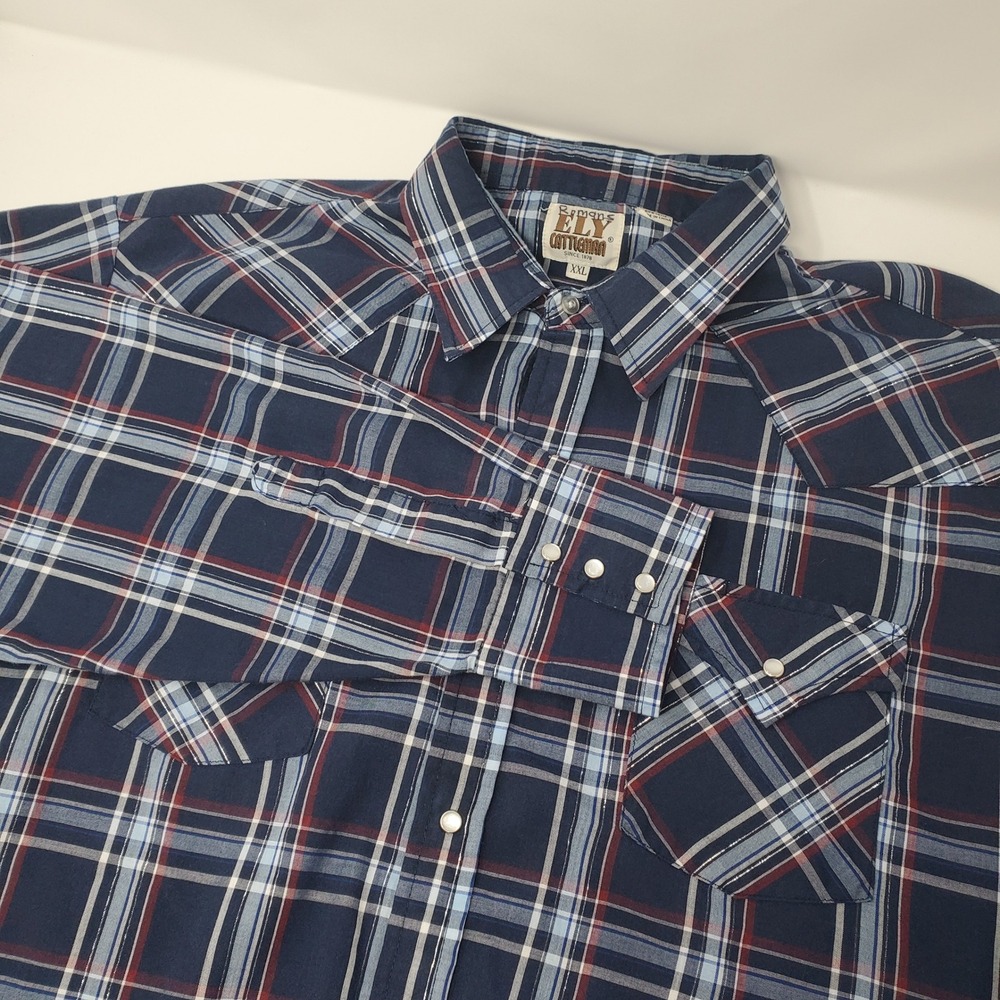 Ely Cattleman Western Shirt Mens XXL Blue Long Sleeve Pearl Snap Plaid Metallic